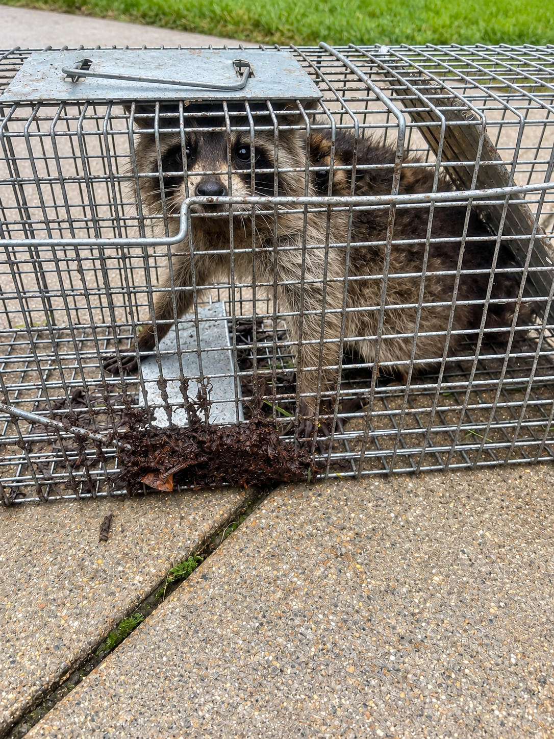 Two real raccoons in a live-capture cage during professional removal service